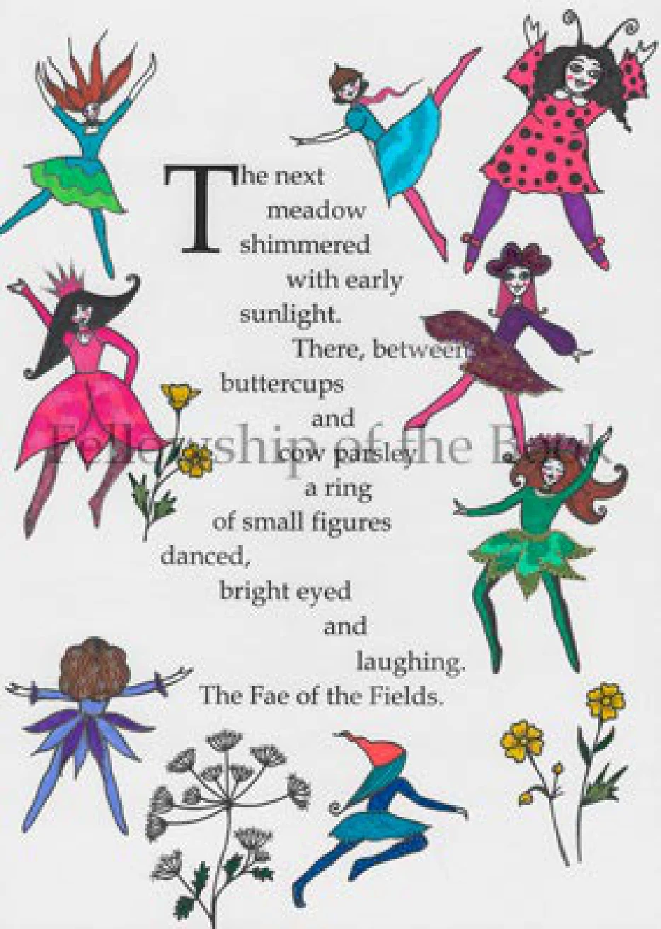 Fairies dancing among meadow flowers in one of Angie Jenkins’s original illustrated pages.