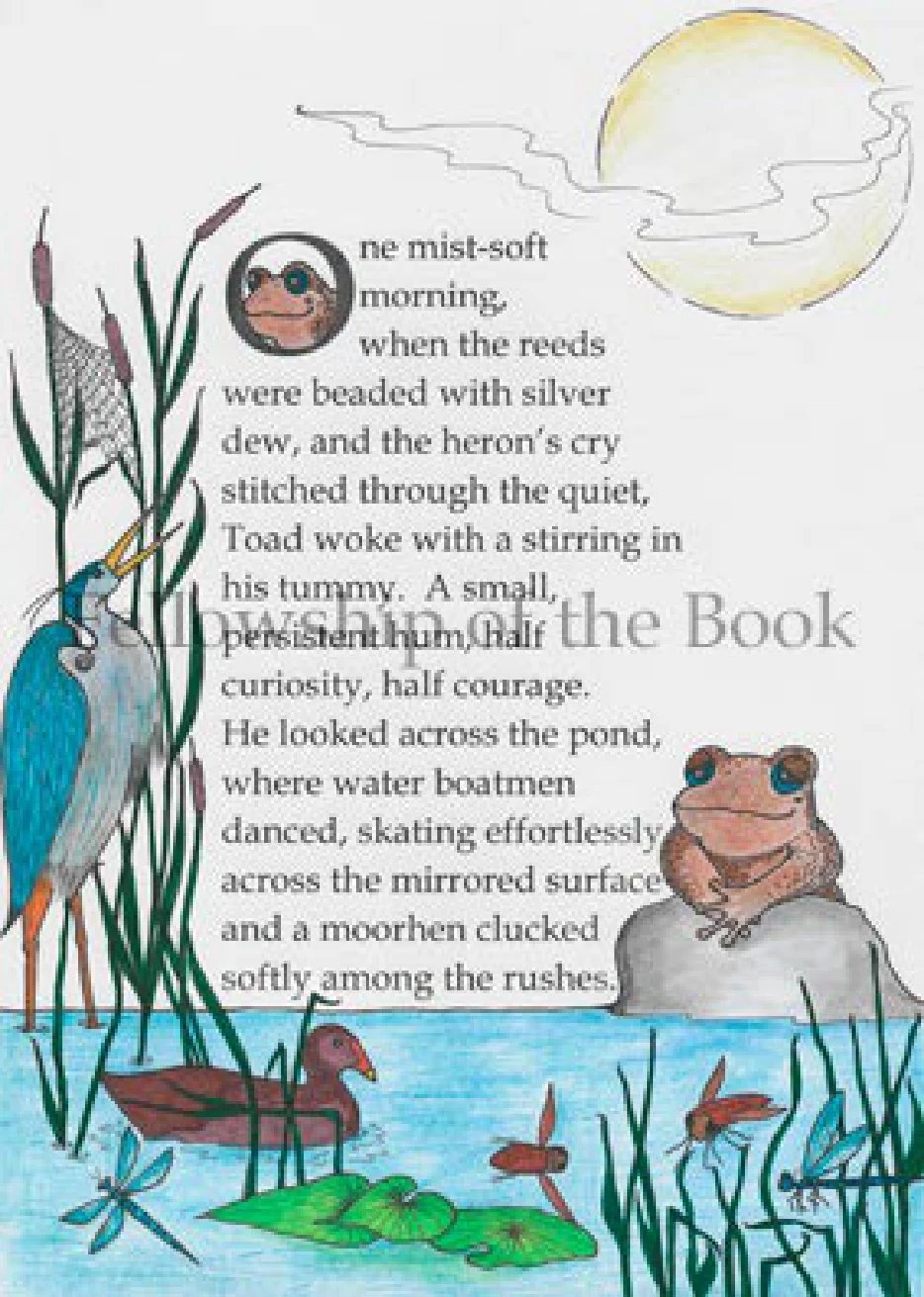 A little toad at the pond among reeds, a kingfisher, dragonflies and the morning sun, illustrated by Angie Jenkins.